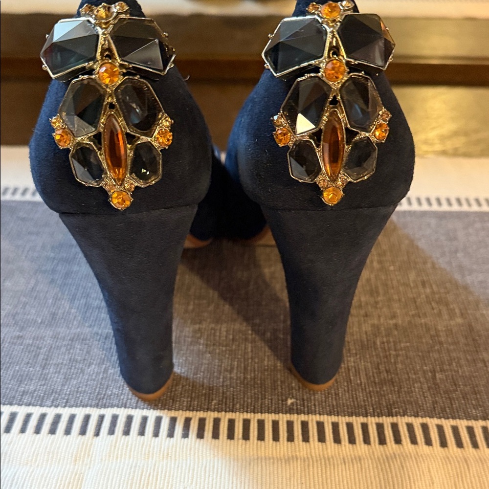 Miss Albright Navy Heels with Jewel Accents